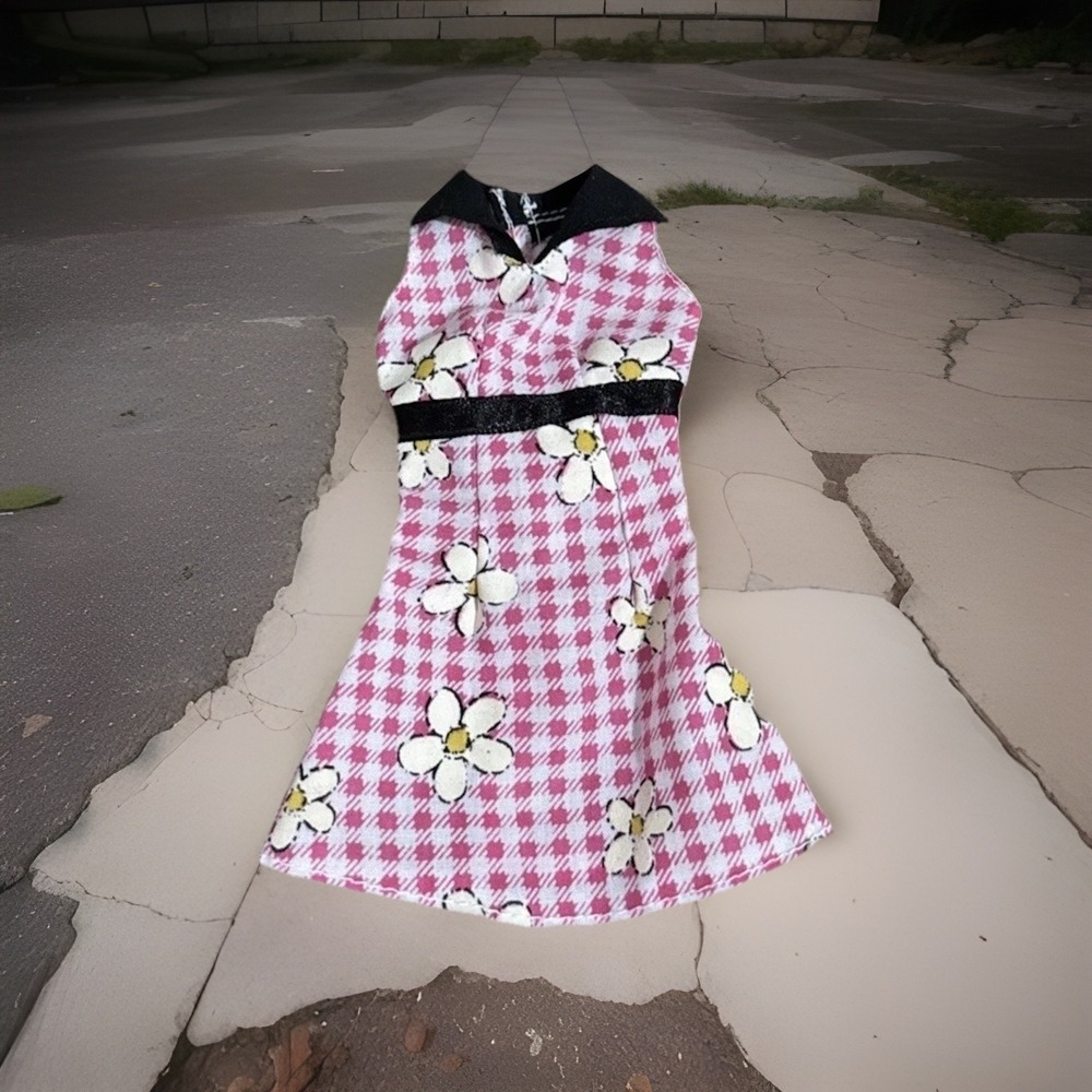 Vintage Barbie Doll Dress Short Flower Daisy Pink Gingham Check Black Sleeveless
